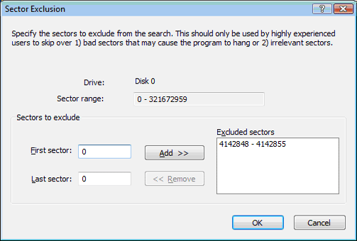 Choose ranges of sectors to exclude